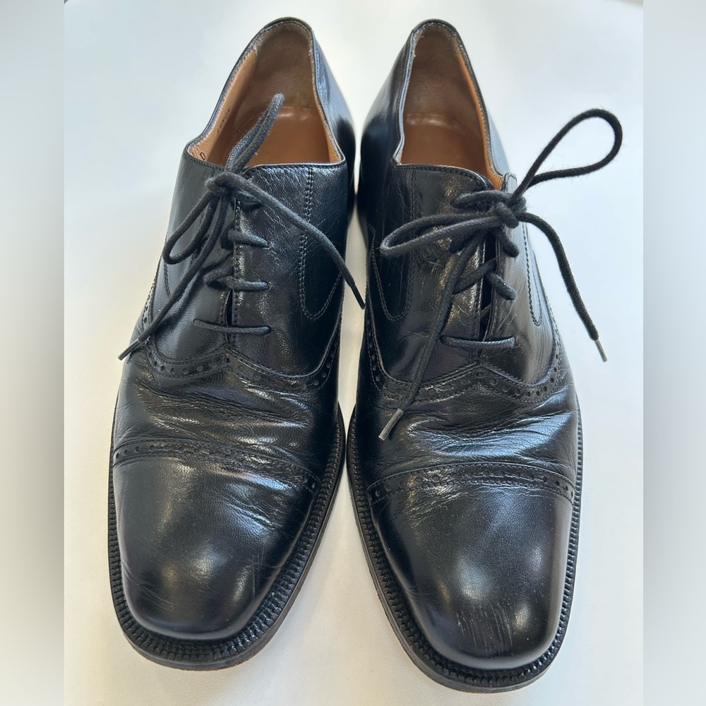 Bally Men’s 7.5 Black Leather Toe Cap Lace-up Oxfords